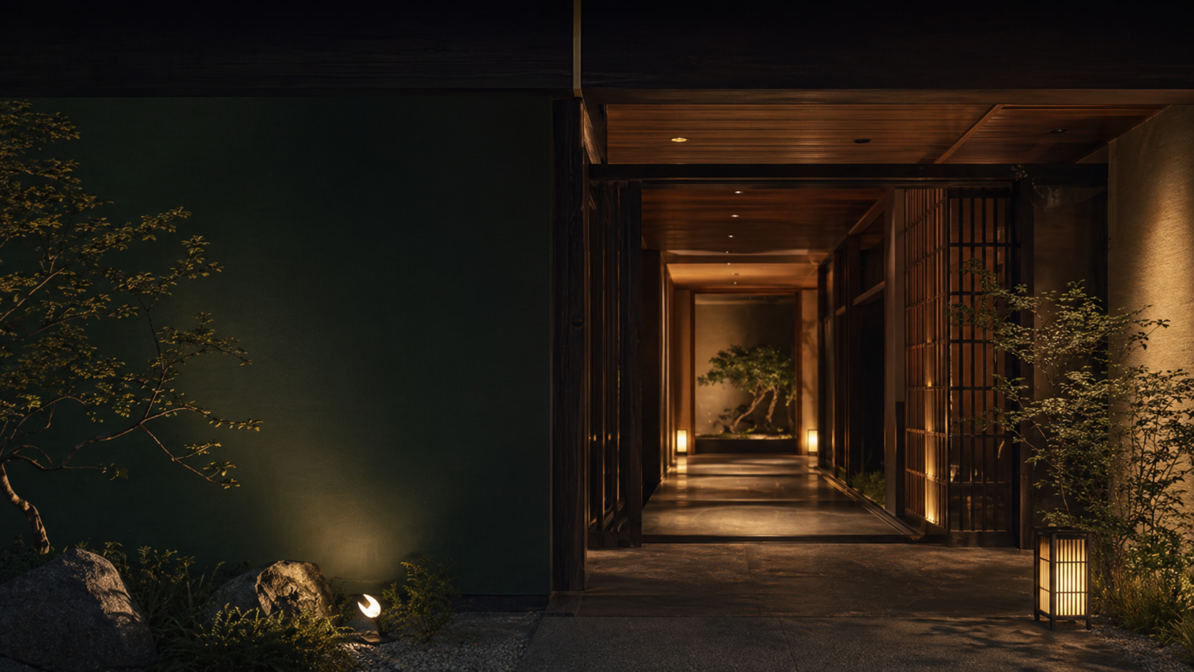 Interior japonés sereno con vista a un jardín