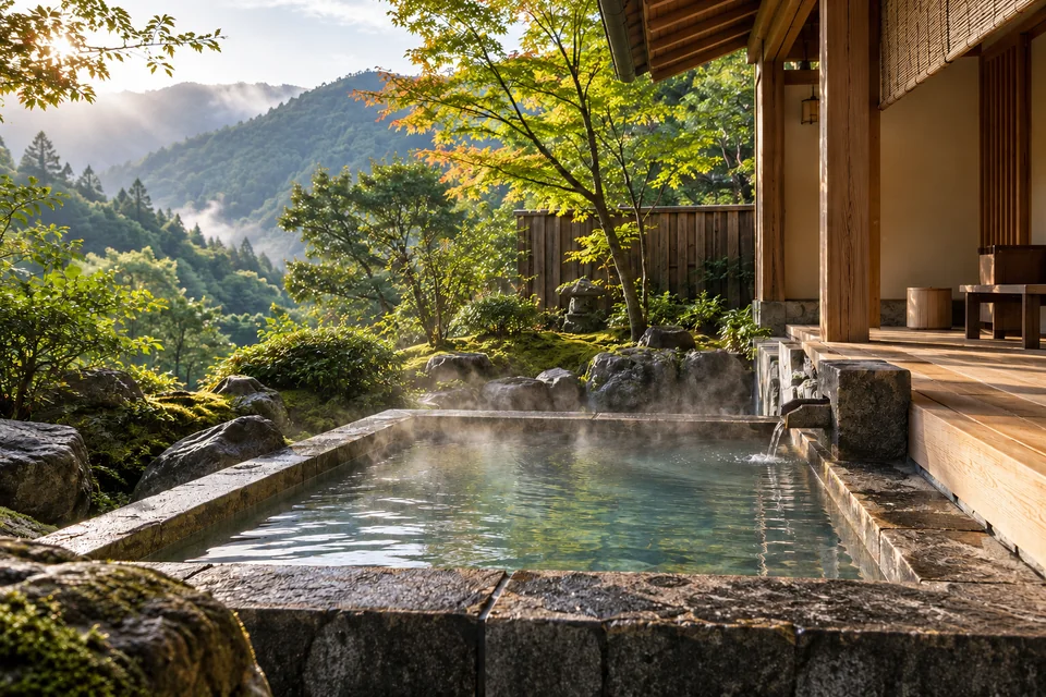 Baño termal exterior de piedra junto a una veranda japonesa y un jardín, imagen generada