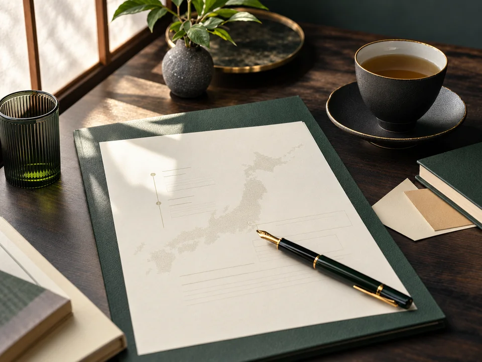 Mesa de planificación con mapa de Japón, té y cuaderno, imagen editorial generada
