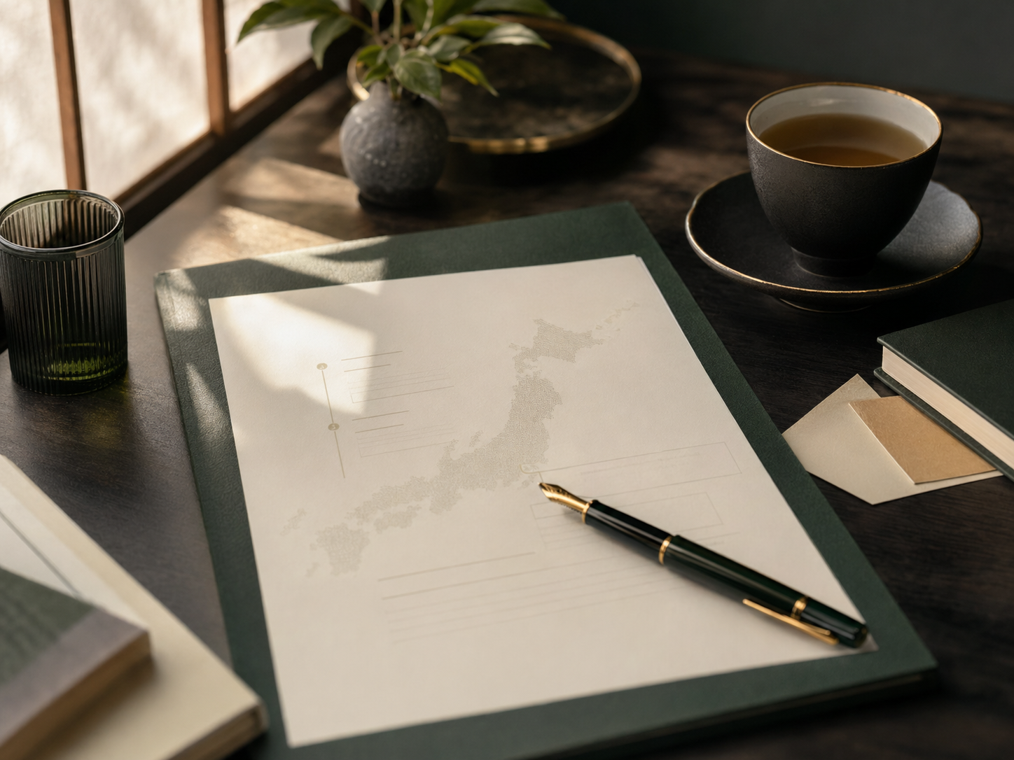 Mesa de planificación con un mapa de Japón, té y materiales de viaje