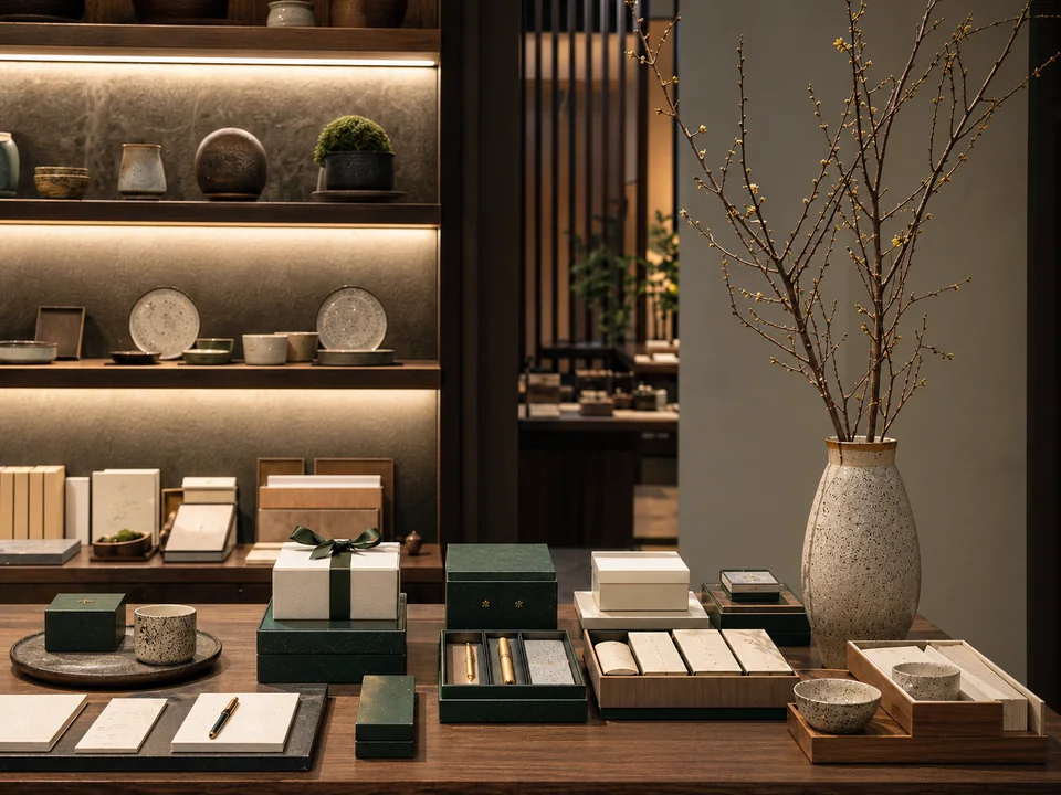 Cerámica y objetos de diseño en una tienda japonesa de ambiente sereno